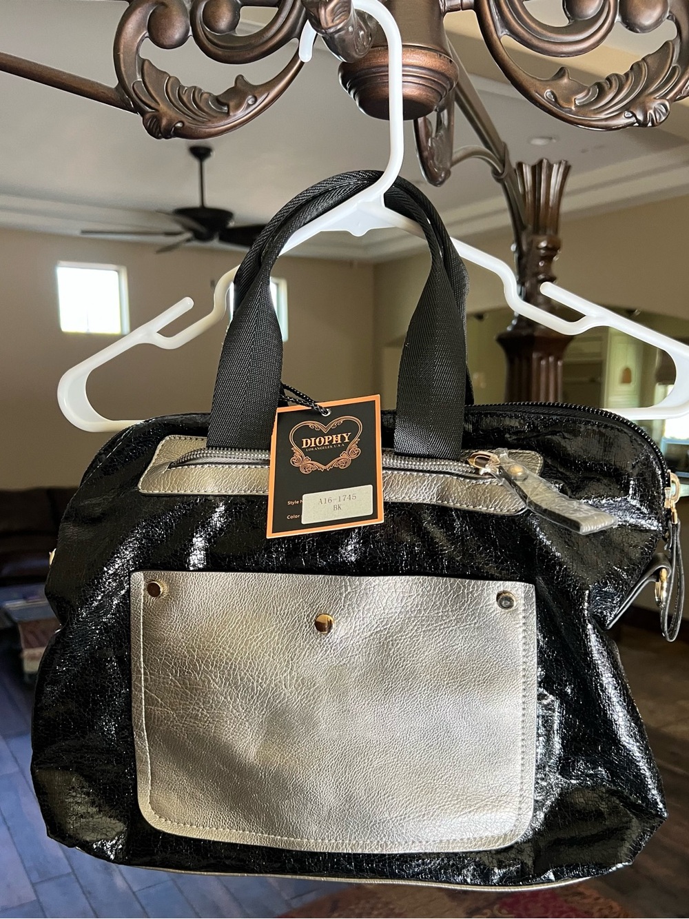Diophy Black and Silver Patent Tote Bag